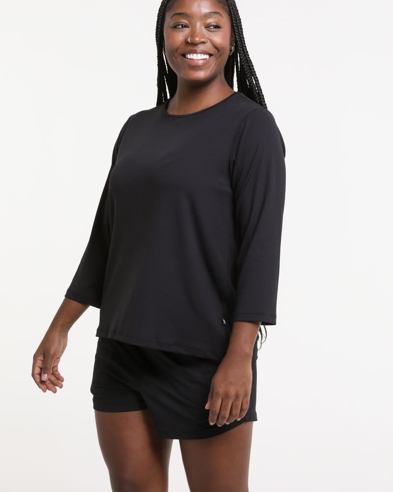 Blusa Feminina Manga Sete Oitavos Canelada Preta Blusa Feminina Manga Sete Oitavos Canelada Preta