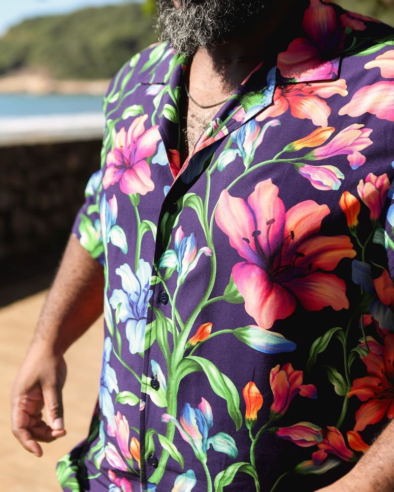 Camisa Masculina Manga Curta Estampa Floral Anoitecer Camisa Masculina Manga Curta Estampa Floral Anoitecer