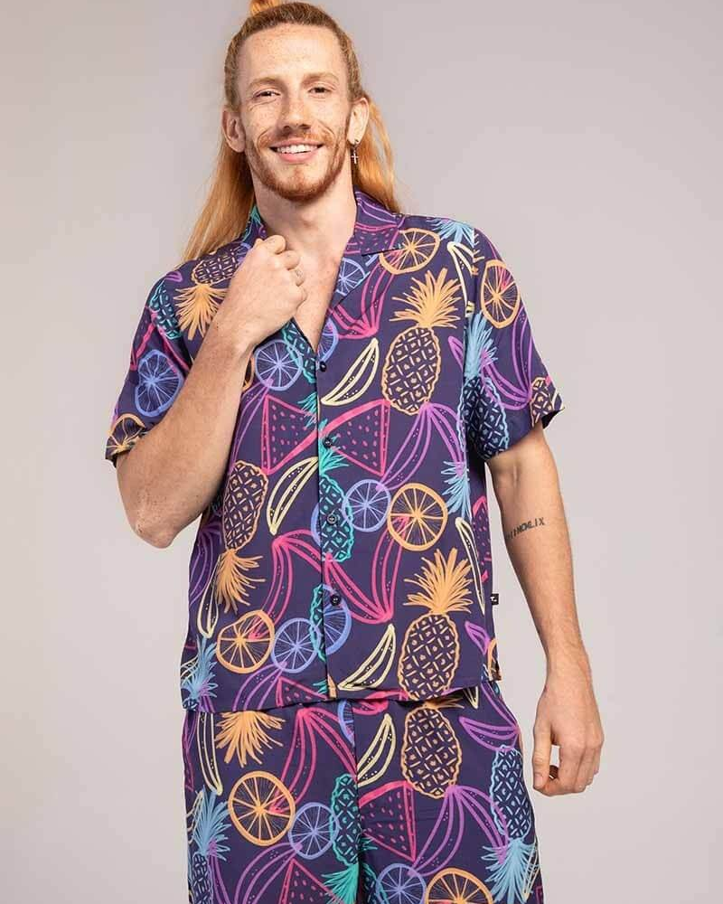 Camisa Masculina Pijama Manga Curta Estampa Frutas Camisa Masculina Pijama Manga Curta Estampa Frutas