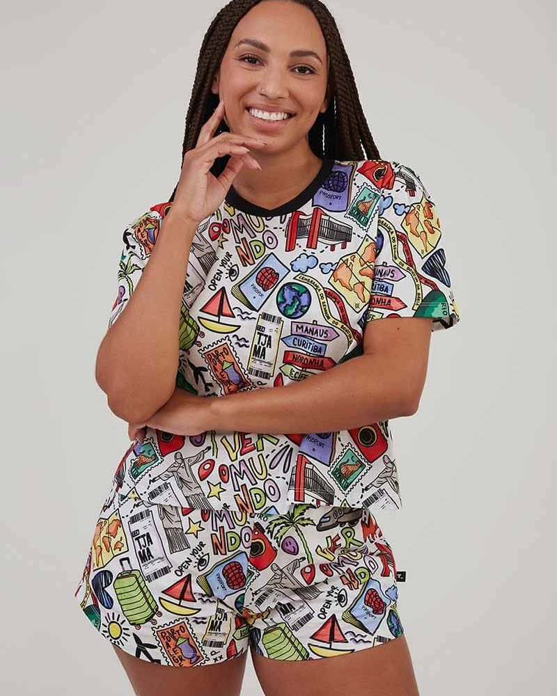 Short Pijama Evasê Estampa Turistei