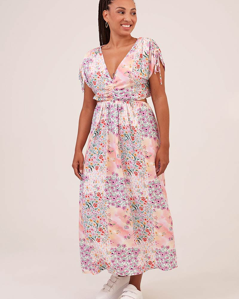 Vestido Longo Recorte Cintura Estampa Jardim Secreto Vestido Longo Recorte Cintura Estampa Jardim Secreto