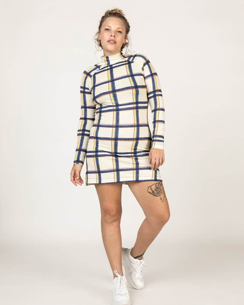 Vestido Mini Manga Longa Gola Alta Xadrez London Vestido Mini Manga Longa Gola Alta Xadrez London