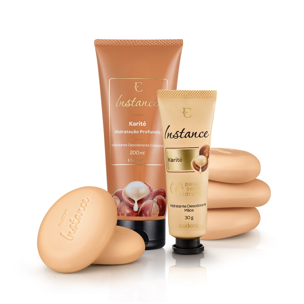 Kit Instance Karité Hidratante Corporal + Creme Mãos + Sabonete em Barra Kit Instance Karité Hidratante Corporal + Creme Mãos + Sabonete em Barra