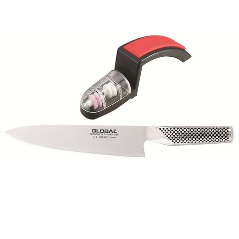 Faca Chef em Aço Inox 20cm + Amolador para Faca 2 Estágios Global Faca Chef em Aço Inox 20cm + Amolador para Faca 2 Estágios Global