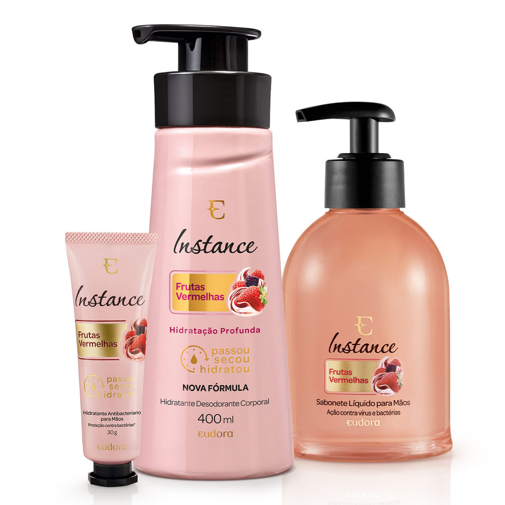 Combo Instance Frutas Vermelhas: Creme Hidratante Para As Mãos 30g + Sabonete Líquido Para As Mãos 250ml + Hidratante Desodorante Corporal 400ml Combo Instance Frutas Vermelhas: Creme Hidratante Para As Mãos 30g + Sabonete Líquido Para As Mãos 250ml + Hidratante Desodorante Corporal 400ml
