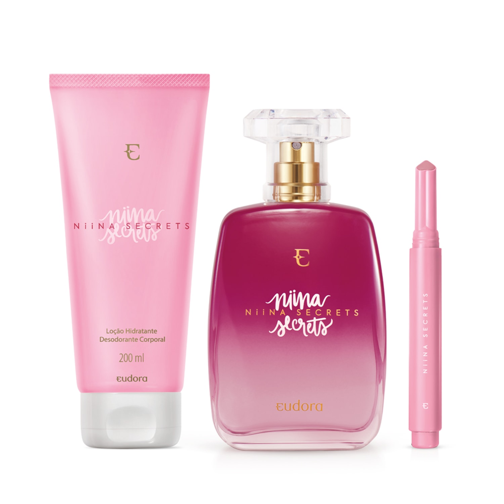 Combo Niina Secrets: Desodorante Colônia + Loção Corporal + Batom Gloss Stick Pink Azaleia Combo Niina Secrets: Desodorante Colônia + Loção Corporal + Batom Gloss Stick Pink Azaleia