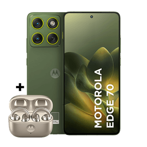 Kit smartphone motorola edge 70 256GB e fone moto buds loop Swarovski Champagne 24GB (8GB RAM + 16GB RAM Boost), Ultrafino, 3 cameras 50MP e tela extreme Amoled 120hz - Bronze Green