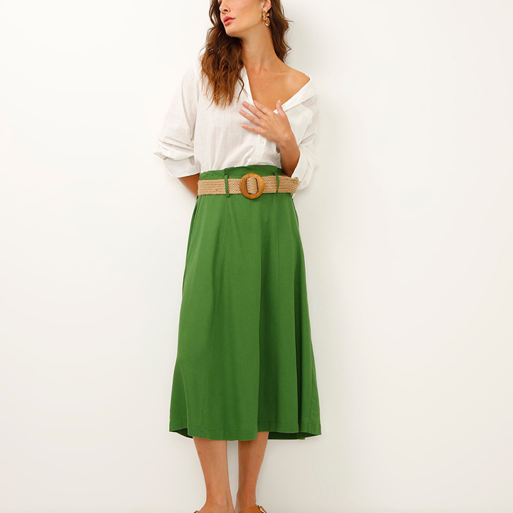 Saia midi com linho cintura alta - verde militar Saia midi com linho cintura alta - verde militar