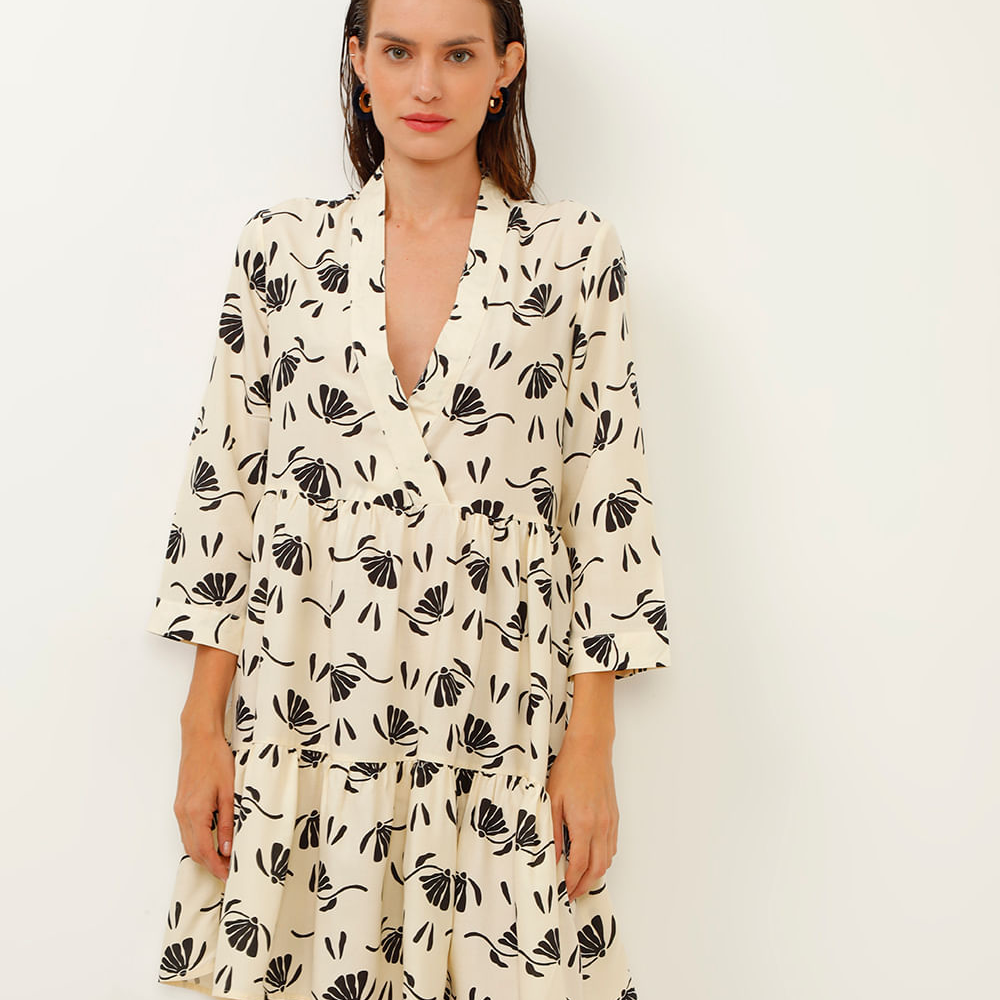 Vestido de viscose decote V floral bege Vestido de viscose decote V floral bege