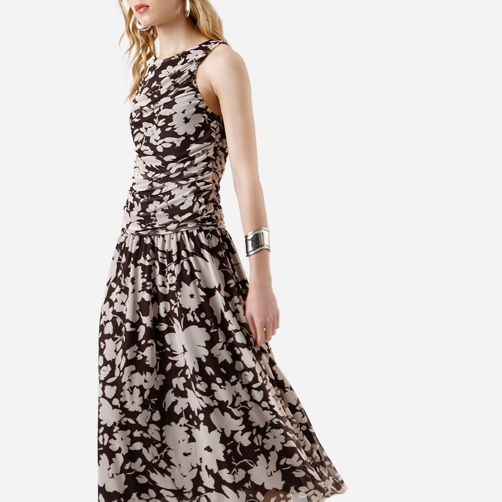 Vestido midi feminino de tule franzido floral marrom Vestido midi feminino de tule franzido floral marrom