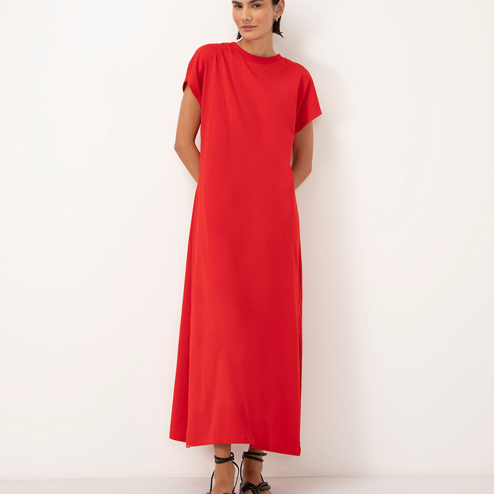 Vestido de algodão longo com fenda vermelho Vestido de algodão longo com fenda vermelho