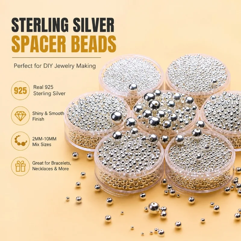 S925 Sterling Silver Plain Round Beads Smooth Ball Spacers DIY Jewelry Accessories Polished Metal Beads Handcraft Supplies