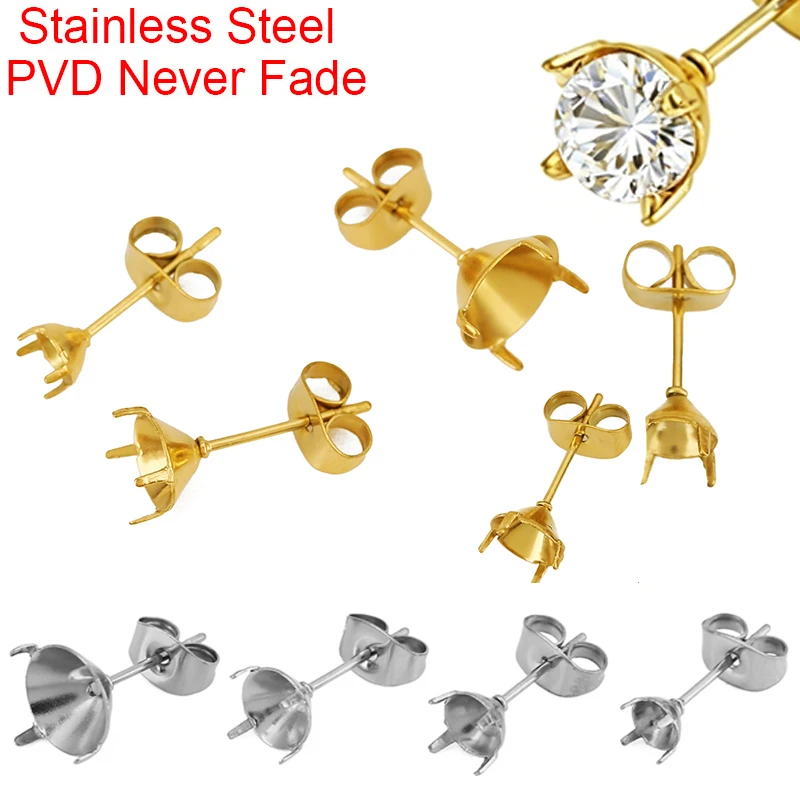 20pcs PVD Never Fade Stainless Steel Earrings Settings 5 6 8 mm Zirconia Stone Cabochon Base With Earrings Back Jewelry Making