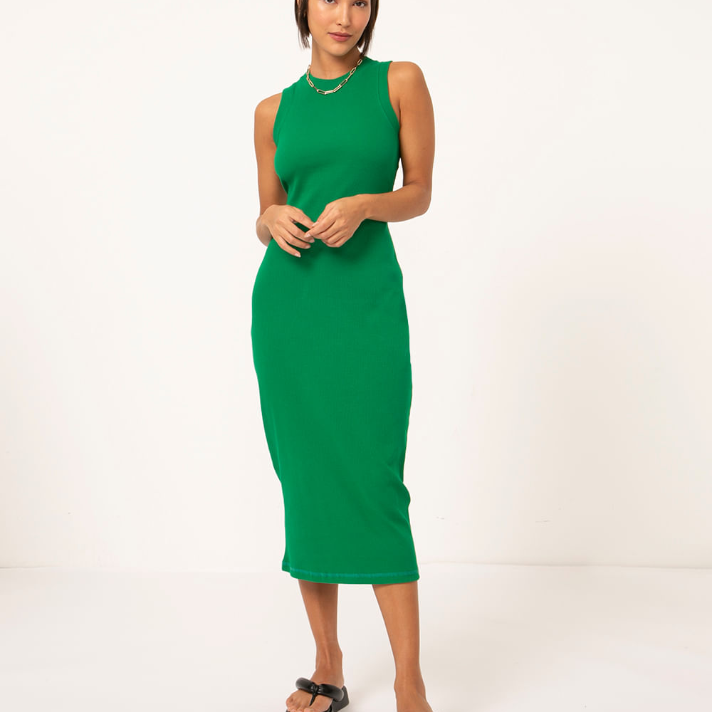 Vestido básico midi decote halter neck verde bandeira Vestido básico midi decote halter neck verde bandeira