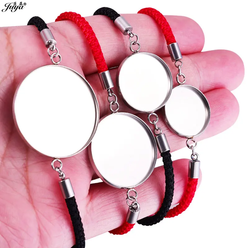 4pcs/lot 18-30mm Stainless Steel Cabochon Bracelet Base With Red Black Braided Rope Bracelets For DIY Jewelry Making Accessorise 4pcs/lot 18-30mm Stainless Steel Cabochon Bracelet Base With Red Black Braided Rope Bracelets For DIY Jewelry Making Accessorise