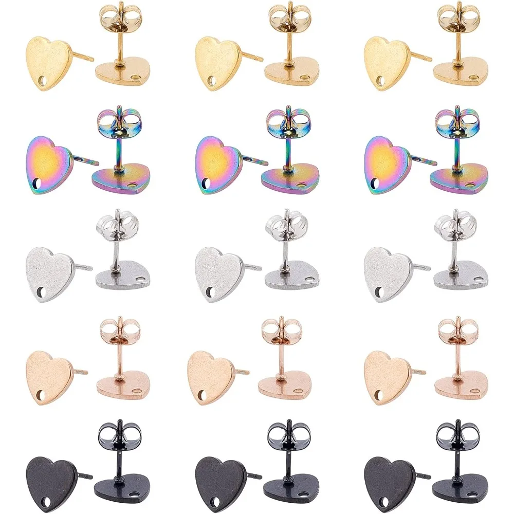 30Pcs 5 Colors 9mm Stainless Steel Heart Shape Stud Earring Findings with Earring Backs Vacuum Plating Stud Earrings Matte 30Pcs 5 Colors 9mm Stainless Steel Heart Shape Stud Earring Findings with Earring Backs Vacuum Plating Stud Earrings Matte