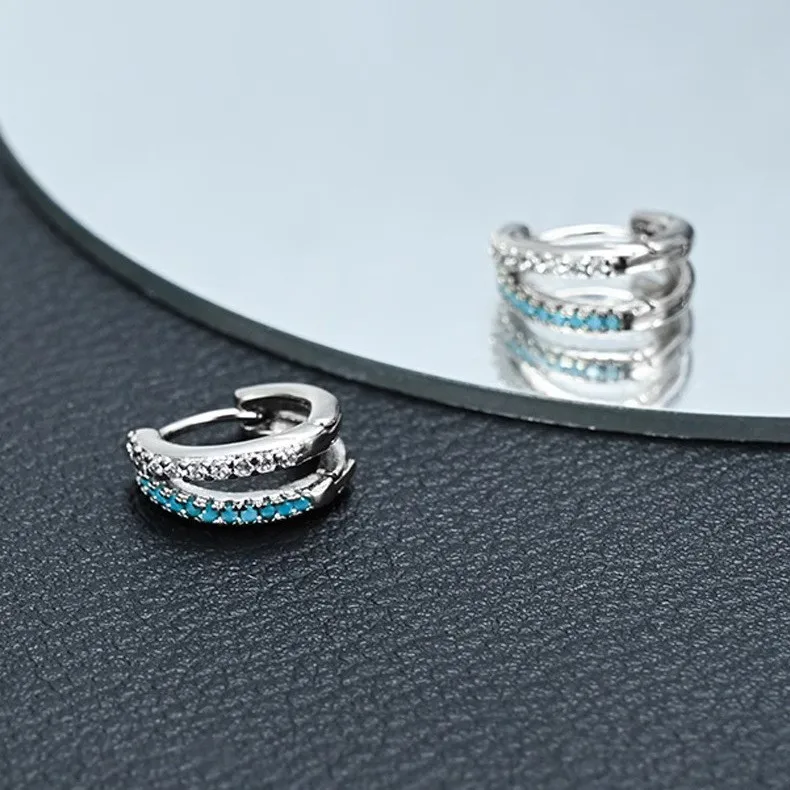 One pair, double-layer blue zircon earrings, cool punk style, hip-hop unisex, low sensitivity and easy to wear, versatile for travel parties, gift giving