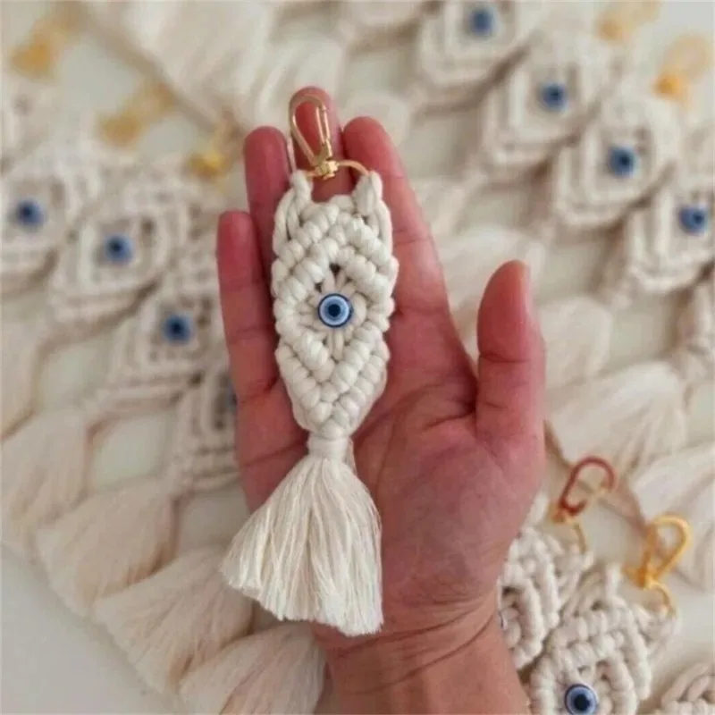 2pcs Boho Style Hand Woven Blue Eye Keychains with White Cotton Thread Car Bag Pendant Party Decorations for Home And Office 2pcs Boho Style Hand Woven Blue Eye Keychains with White Cotton Thread Car Bag Pendant Party Decorations for Home And Office