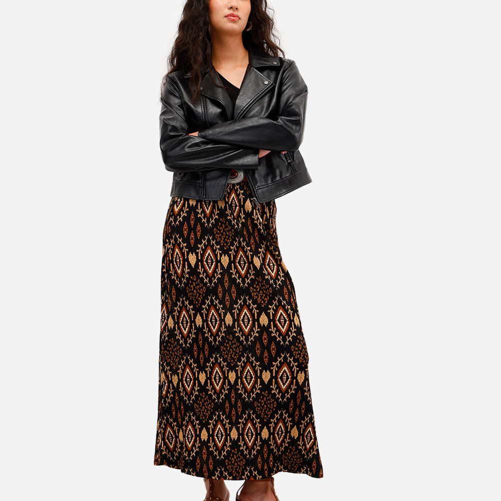 Saia midi feminina texturizada arabescos preta Saia midi feminina texturizada arabescos preta