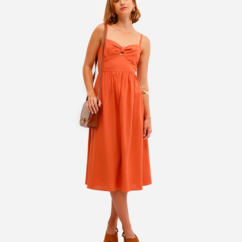 Vestido midi feminino com linho e recorte laranja Vestido midi feminino com linho e recorte laranja