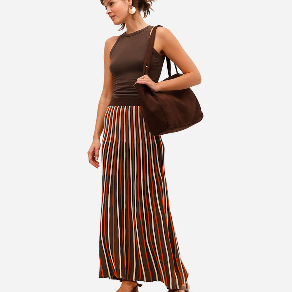 Saia midi feminina de tricot texturizada listrada marrom