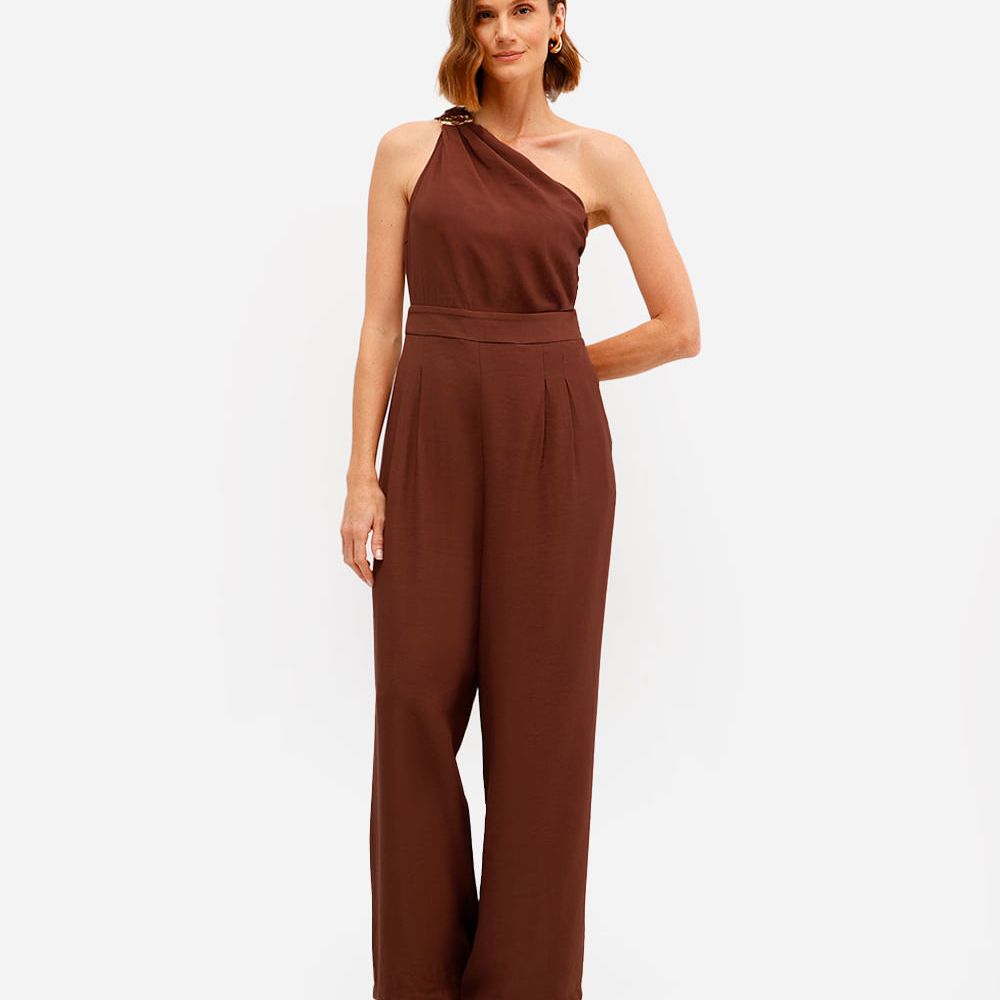 Macacão ombro único feminino de viscose marrom Macacão ombro único feminino de viscose marrom
