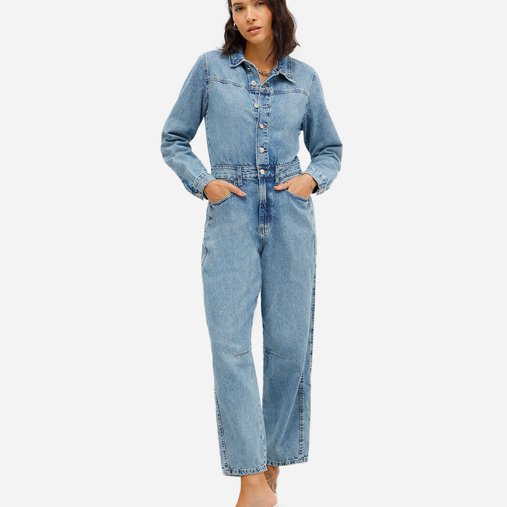 Macacão feminino jeans manga longa azul Macacão feminino jeans manga longa azul