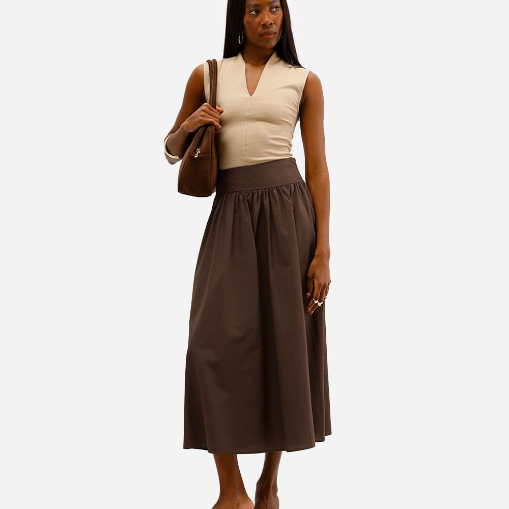 Saia midi feminina com algodão marrom Saia midi feminina com algodão marrom
