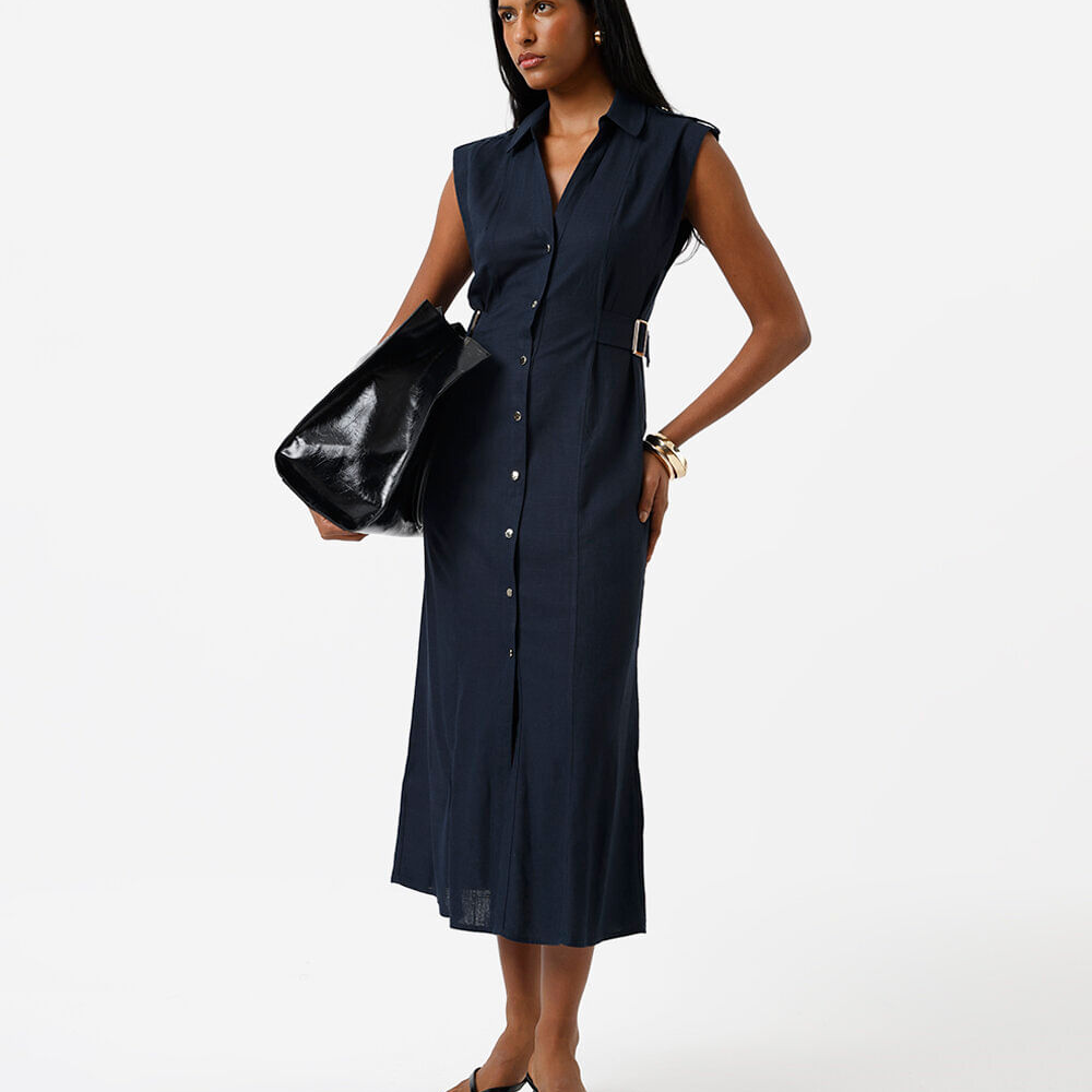 Vestido midi chemise feminino com linho azul Vestido midi chemise feminino com linho azul
