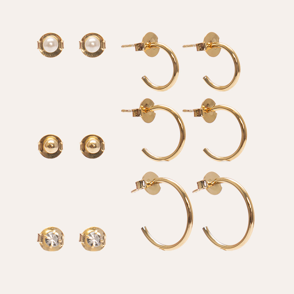 Kit de 6 brincos com strass e pérola folheados dourados Kit de 6 brincos com strass e pérola folheados dourados