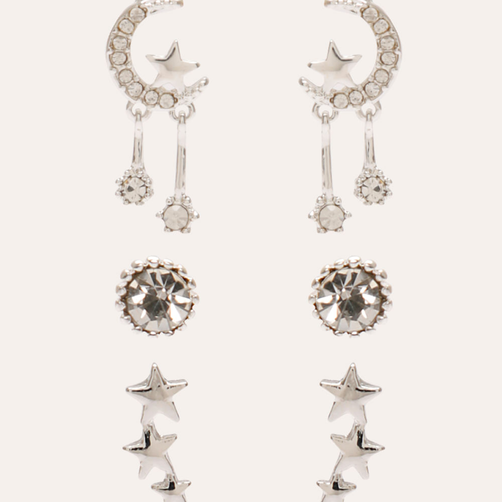 Kit de 3 brincos com strass e pingente de luz e estrelas prateado Kit de 3 brincos com strass e pingente de luz e estrelas prateado