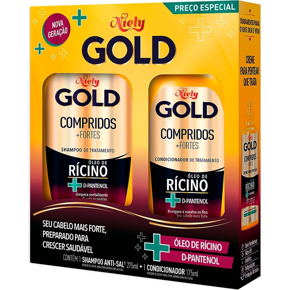 Shampoo Niely Gold 275ml + Condicionador Niely Compridos e Fortes 175ml Shampoo Niely Gold 275ml + Condicionador Niely Compridos e Fortes 175ml