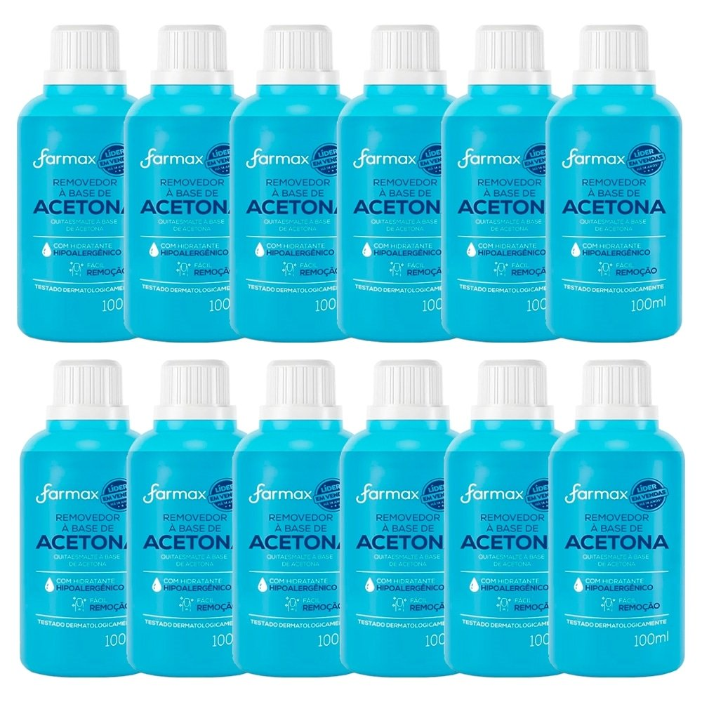 Removedor de Esmalte Farmax com Acetona 100ml - Embalagem com 12 Unidades Removedor de Esmalte Farmax com Acetona 100ml - Embalagem com 12 Unidades