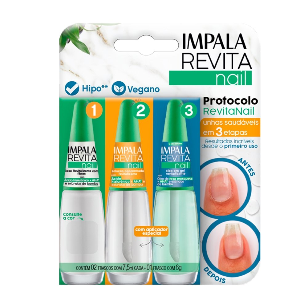 Kit Impala Revitanail Base Soft 7,5ml + Solução 7,5ml + Óleo em Gel 6,0ml Kit Impala Revitanail Base Soft 7,5ml + Solução 7,5ml + Óleo em Gel 6,0ml