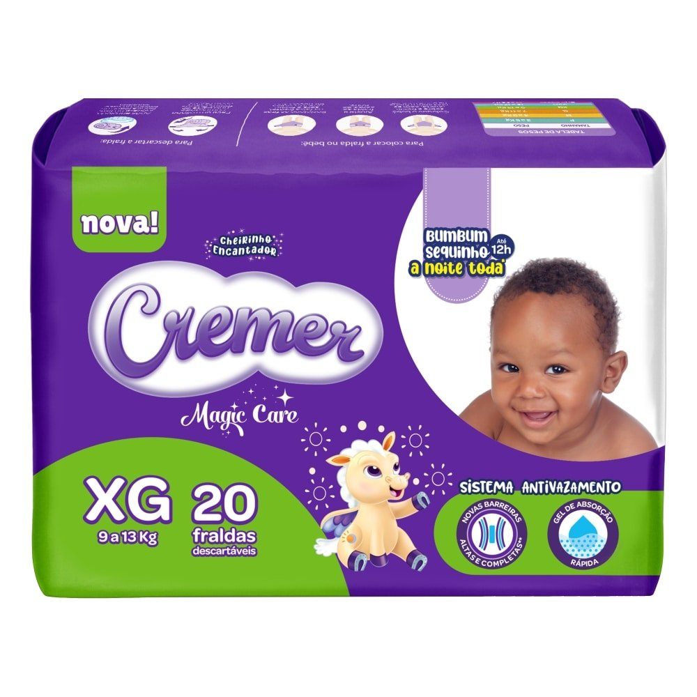Fralda Descartável Cremer Jumbo Tamanho XG - 8 Pacotes com 20 Fraldas - Total 160 Tiras Fralda Descartável Cremer Jumbo Tamanho XG - 8 Pacotes com 20 Fraldas - Total 160 Tiras