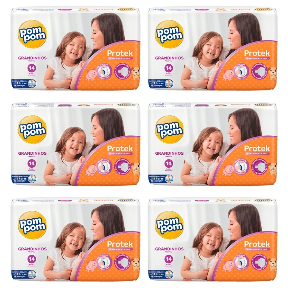Fralda Descartável Pom Pom Protek Baby Jumbo Grandinhos Tamanho XXG - 6 Pacotes com 14 Fraldas - Total de 84 Tiras Fralda Descartável Pom Pom Protek Baby Jumbo Grandinhos Tamanho XXG - 6 Pacotes com 14 Fraldas - Total de 84 Tiras