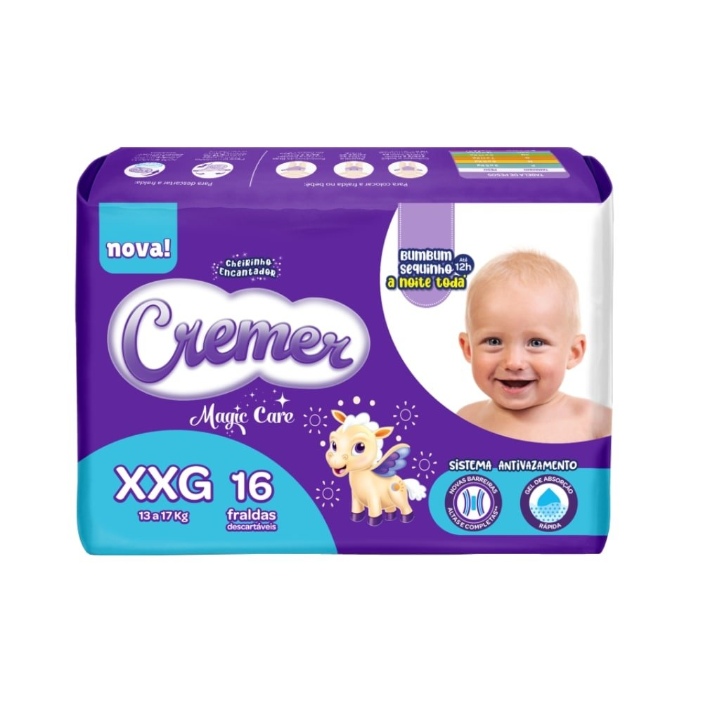 Fralda Descartável Cremer Jumbo Tamanho XXG - 8 Pacotes com 16 Fraldas - Total 128 Tiras Fralda Descartável Cremer Jumbo Tamanho XXG - 8 Pacotes com 16 Fraldas - Total 128 Tiras
