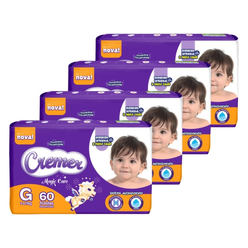 Fralda Descartável Cremer Tamanho G - 4 Pacotes com 60 Fraldas - Total 240 Tiras Fralda Descartável Cremer Tamanho G - 4 Pacotes com 60 Fraldas - Total 240 Tiras