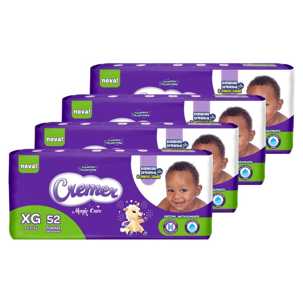 Fralda Descartável Cremer Tamanho XG - 4 Pacotes com 52 Fraldas - Total 208 Tiras Fralda Descartável Cremer Tamanho XG - 4 Pacotes com 52 Fraldas - Total 208 Tiras