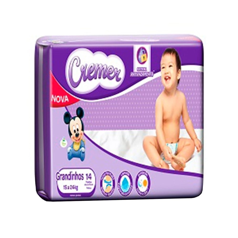 Fralda Descartável Cremer Grandinhos Prática Tamanho XXG - 8 Pacotes com 14 Fraldas - Total 112 Tiras Fralda Descartável Cremer Grandinhos Prática Tamanho XXG - 8 Pacotes com 14 Fraldas - Total 112 Tiras