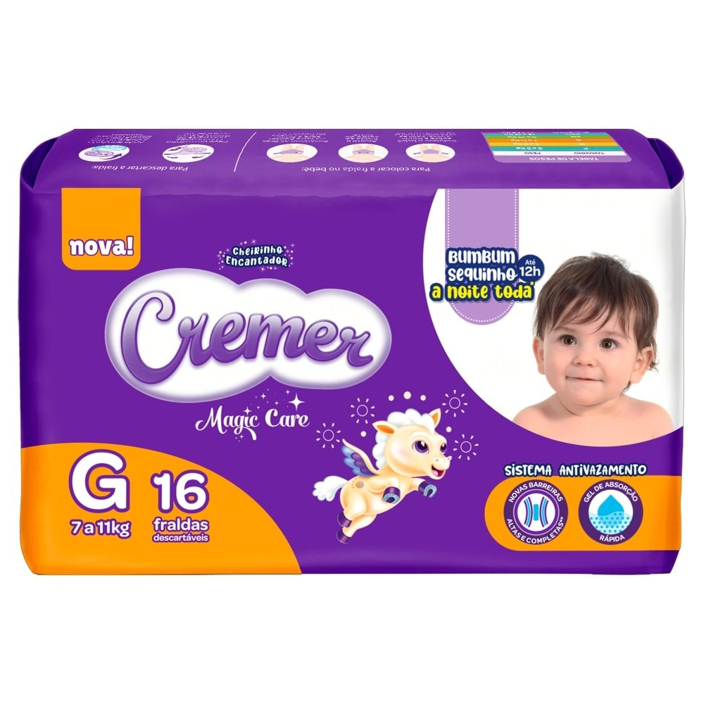 Fralda Descartável Cremer Jumbinho Tamanho G - 8 Pacotes com 16 Fraldas - Total 128 Tiras Fralda Descartável Cremer Jumbinho Tamanho G - 8 Pacotes com 16 Fraldas - Total 128 Tiras
