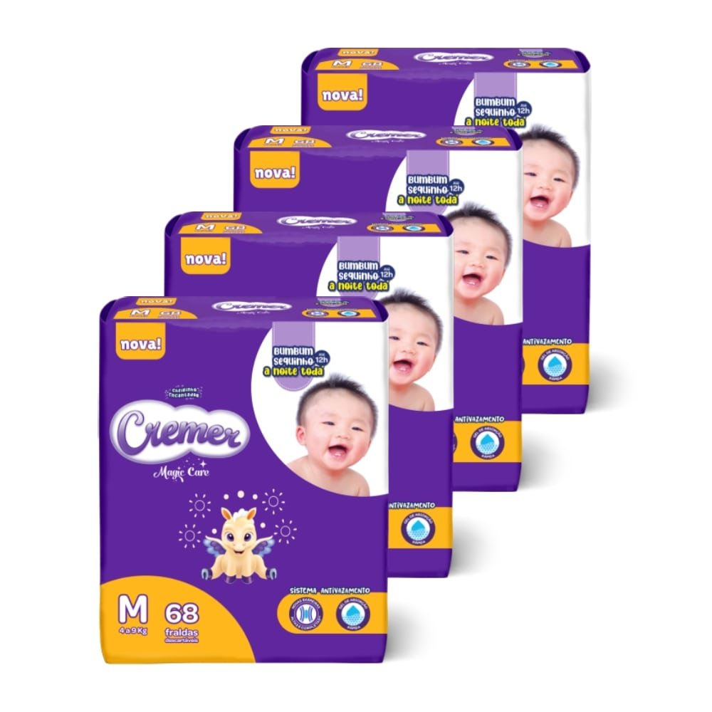 Fralda Descartável Cremer Tamanho M - 4 Pacotes com 68 Fraldas - Total 272 Tiras Fralda Descartável Cremer Tamanho M - 4 Pacotes com 68 Fraldas - Total 272 Tiras