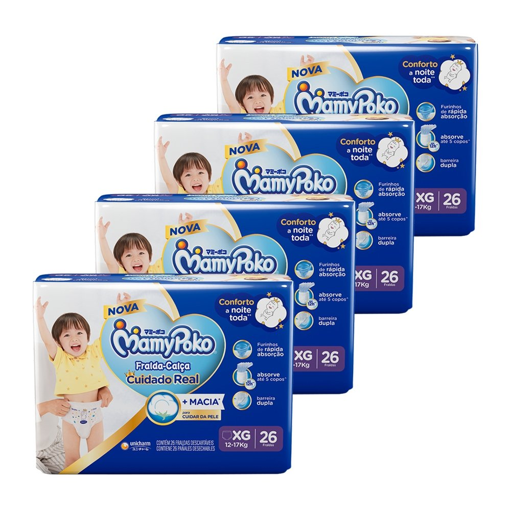Fralda Descartável MamyPoko Calça Jumbo Tamanho XG - 4 Pacotes com 26 Fraldas - Total 104 Tiras Fralda Descartável MamyPoko Calça Jumbo Tamanho XG - 4 Pacotes com 26 Fraldas - Total 104 Tiras