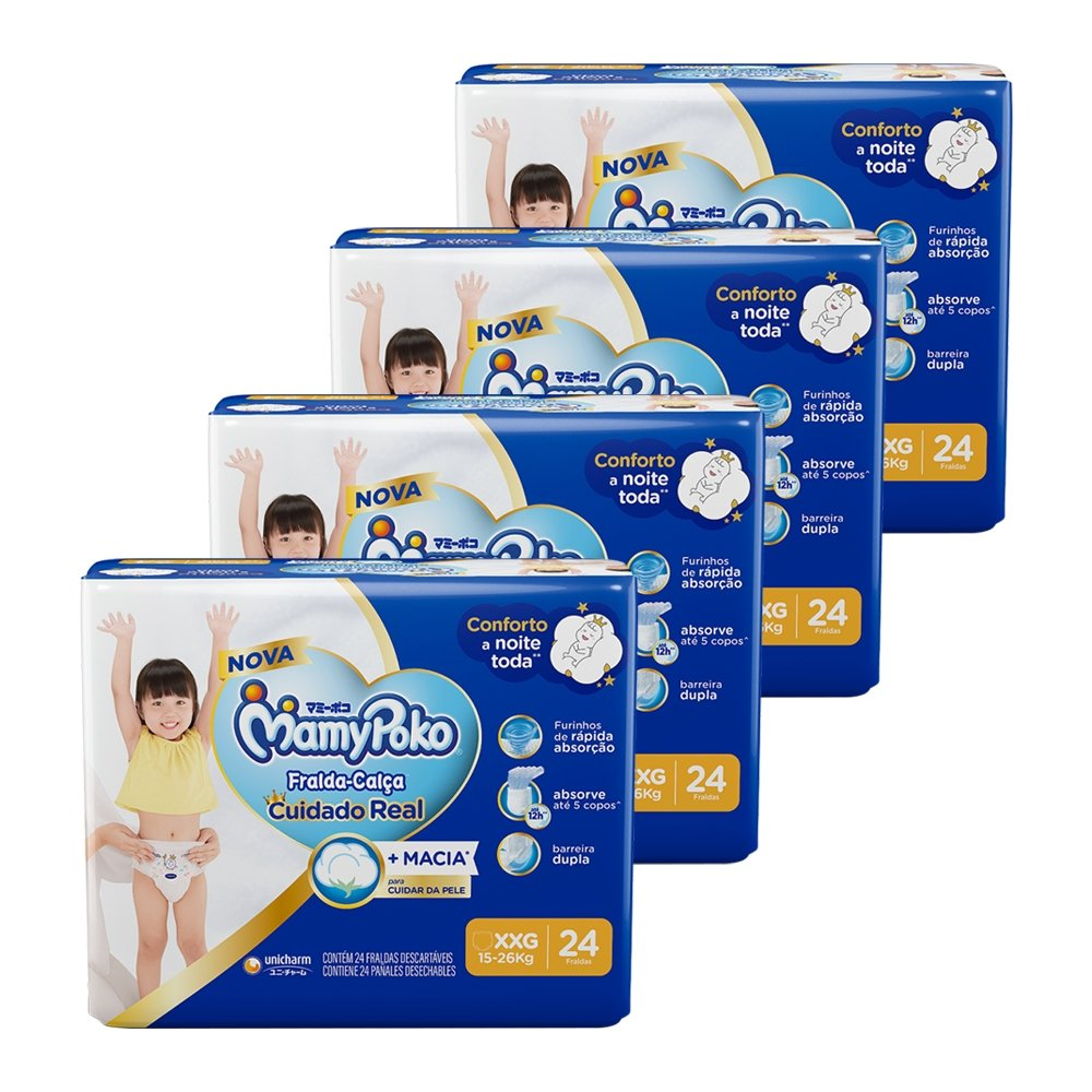Fralda Descartável MamyPoko Calça Jumbo Tamanho XXG - 4 Pacotes com 24 Fraldas - Total 96 Tiras Fralda Descartável MamyPoko Calça Jumbo Tamanho XXG - 4 Pacotes com 24 Fraldas - Total 96 Tiras