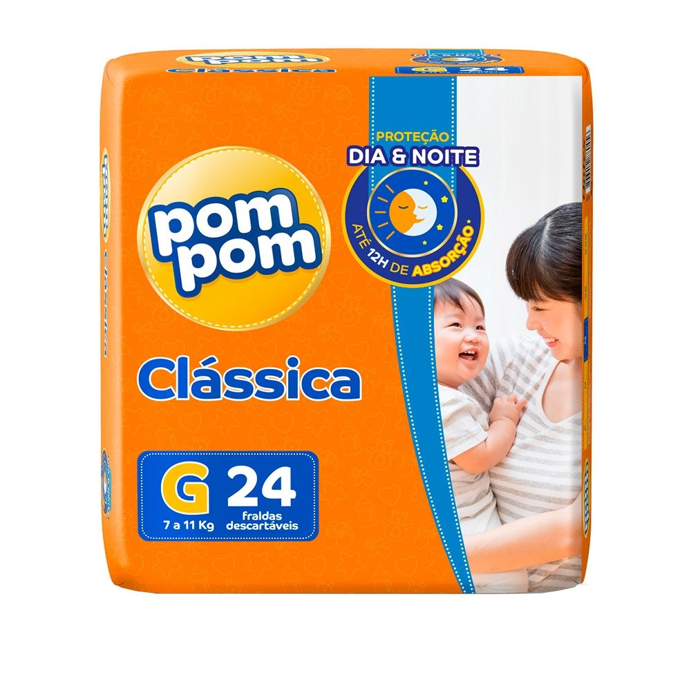 Fralda Descartável Pom Pom Clássica Jumbo Tamanho G - 8 Pacotes com 24 Fraldas - Total 192 Tiras Fralda Descartável Pom Pom Clássica Jumbo Tamanho G - 8 Pacotes com 24 Fraldas - Total 192 Tiras