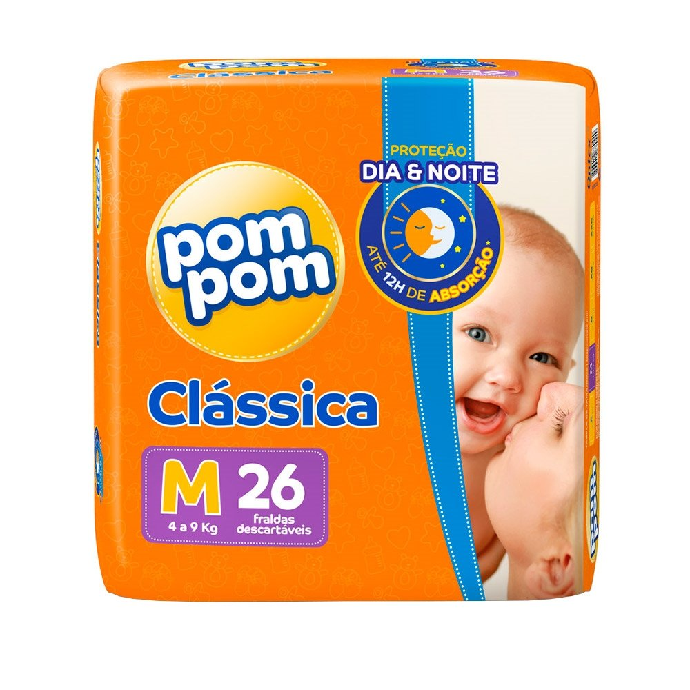 Fralda Descartável Pom Pom Clássica Jumbo Tamanho M - 8 Pacotes com 26 Fraldas - Total 208 Tiras Fralda Descartável Pom Pom Clássica Jumbo Tamanho M - 8 Pacotes com 26 Fraldas - Total 208 Tiras