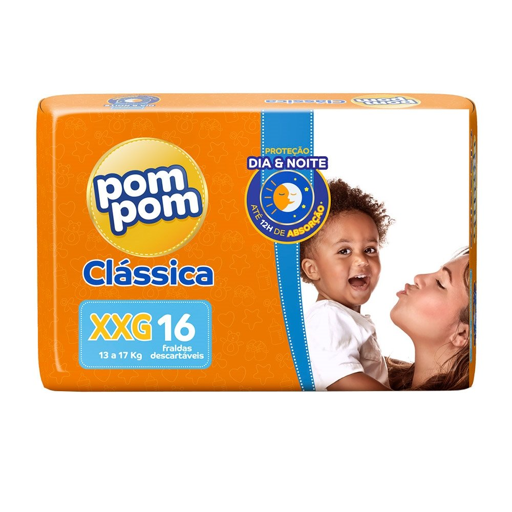 Fralda Descartável Pom Pom Clássica Jumbo Tamanho XXG - 8 Pacotes com 16 Fraldas - Total 128 Tiras Fralda Descartável Pom Pom Clássica Jumbo Tamanho XXG - 8 Pacotes com 16 Fraldas - Total 128 Tiras
