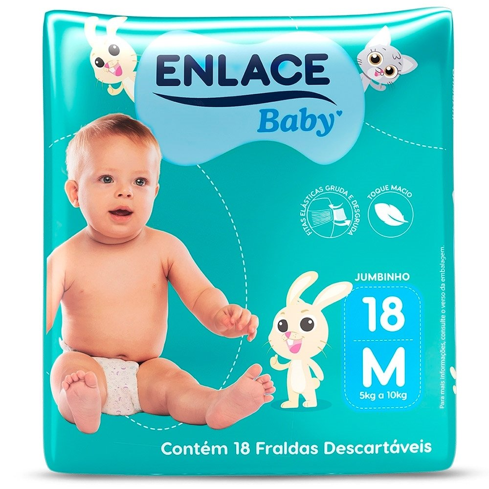 Fralda Descartável Enlace Baby Jumbinho Tamanho M - 9 Pacotes com 18 Fraldas - Total 162 Tiras Fralda Descartável Enlace Baby Jumbinho Tamanho M - 9 Pacotes com 18 Fraldas - Total 162 Tiras