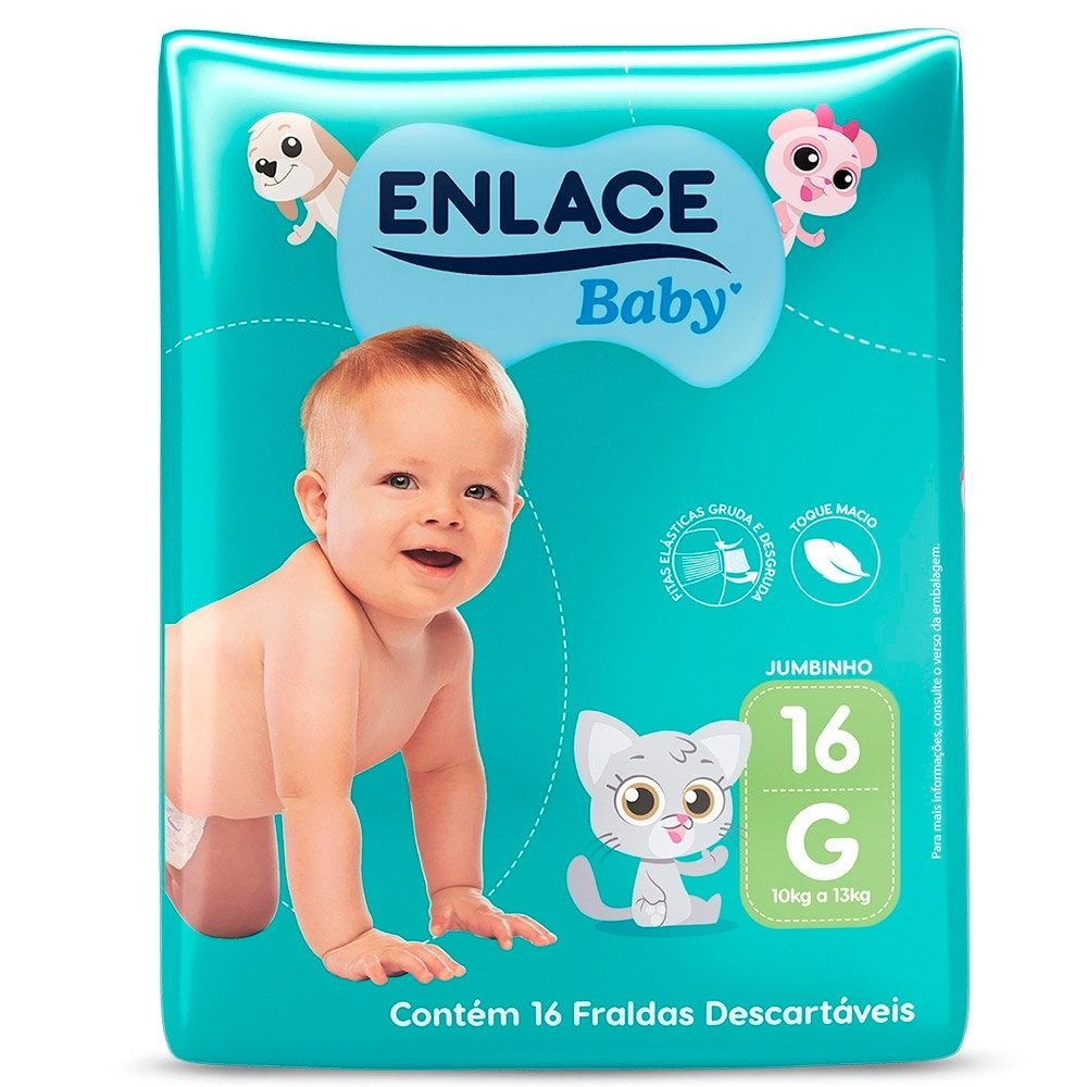 Fralda Descartável Enlace Baby Jumbinho Tamanho G - 9 Pacotes com 16 Fraldas - Total 144 Tiras Fralda Descartável Enlace Baby Jumbinho Tamanho G - 9 Pacotes com 16 Fraldas - Total 144 Tiras