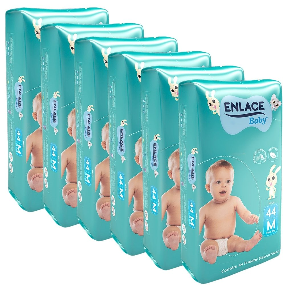 Fralda Descartável Enlace Baby Mega Tamanho M - 6 Pacotes com 44 Fraldas - Total 264 Tiras Fralda Descartável Enlace Baby Mega Tamanho M - 6 Pacotes com 44 Fraldas - Total 264 Tiras